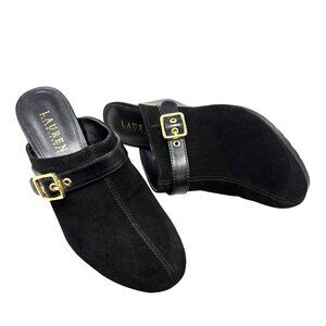 Lauren Ralph Lauren‎ Yassinia Black Suede Buckle Accent Wedge Mules
